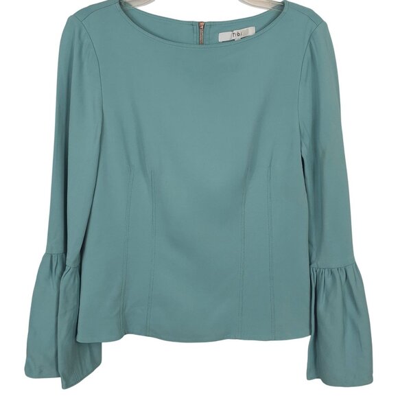 Tibi Women 4 Robins Egg Blue Boat Neck Long Bell Sleeve Zippered Back Blouse Top - Picture 1 of 12